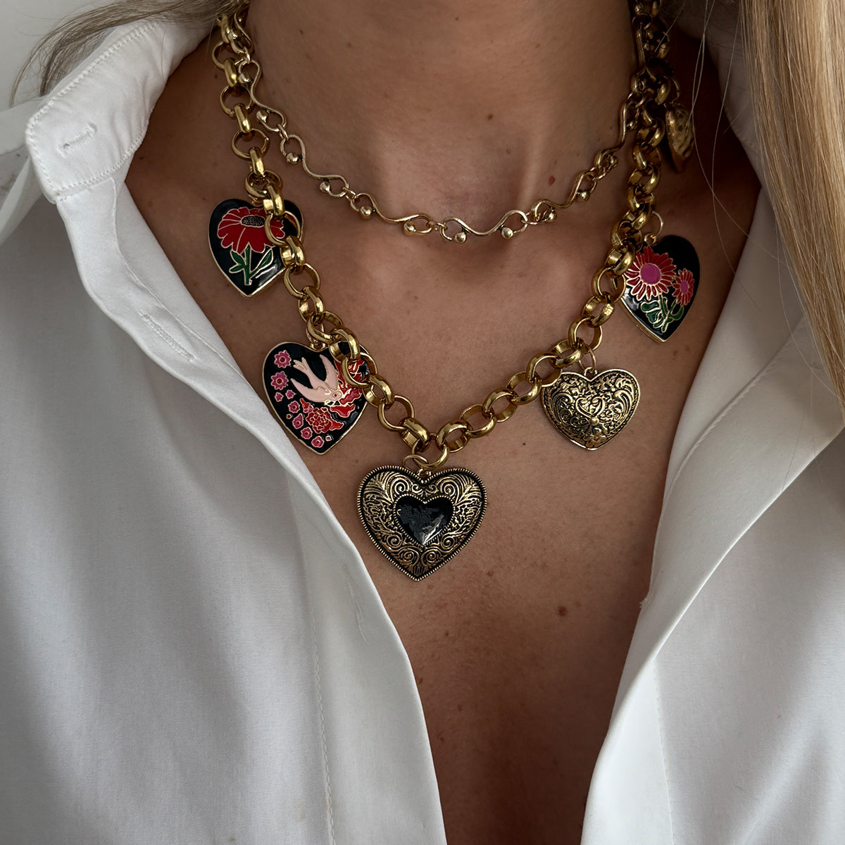 Black Enamel and Goldtone Flower Heart Charm Collar Necklace, vintage-inspired design, lifestyle look
