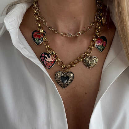 Black Enamel and Goldtone Flower Heart Charm Collar Necklace, vintage-inspired design, lifestyle look