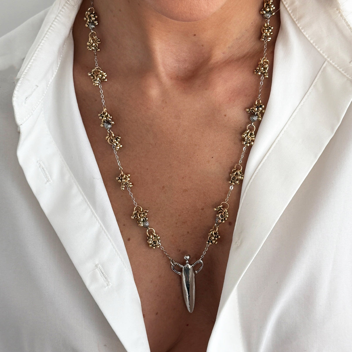 Two Tone Bead Cluster Station Olecranon Pendant Necklace, everyday style, lifestyle look