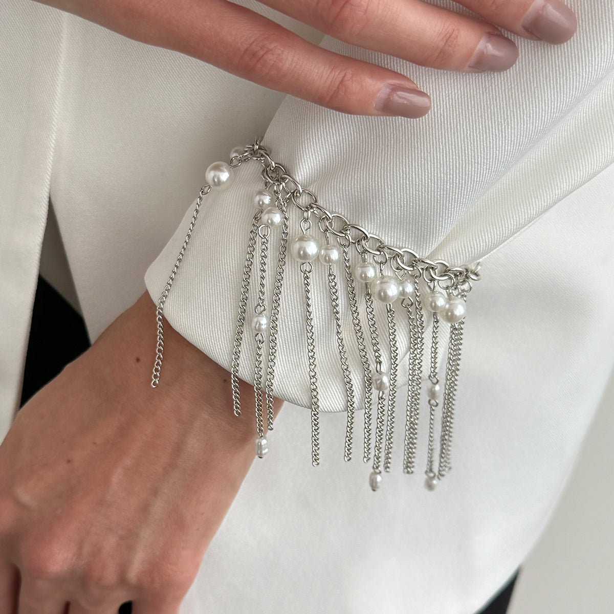 Pearl and Silvertone Beads Tassel Bracelet, silver bracelet for women, everyday style, lifestyle look