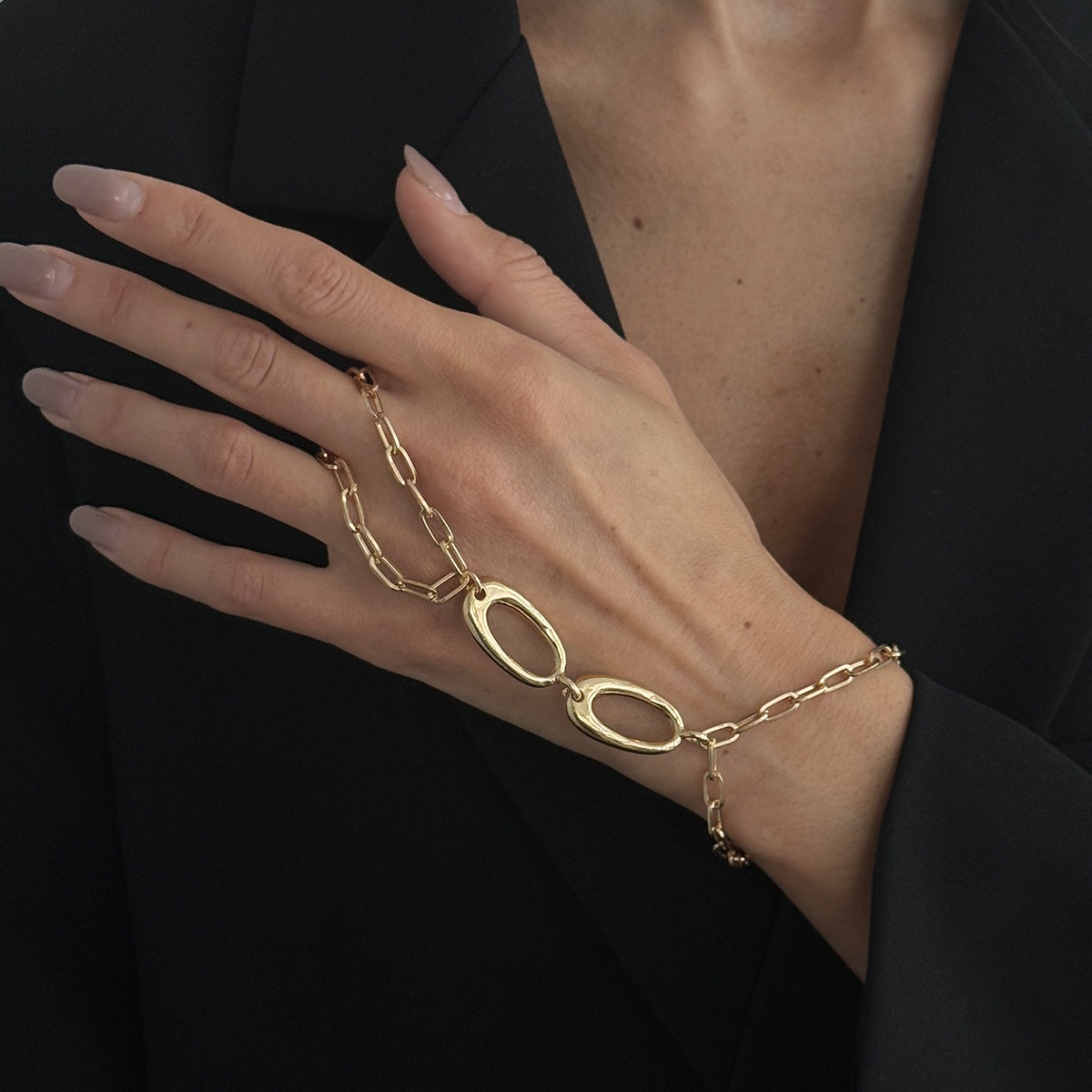 Goldtone Open Oval Finger-to-Wrist Bracelet, gold bracelet for women, elegant gift for her, lifestyle look