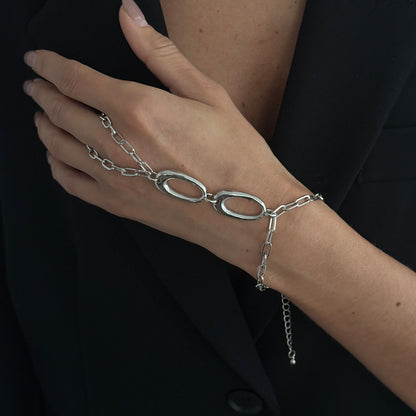 Silvertone Open Oval Finger-to-Wrist Bracelet, silver bracelet for women, elegant gift for her, styled look