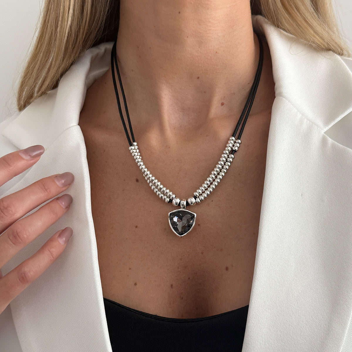 Black Polyster and Crystal Silvertone Beaded Triangle Pendant Necklace, botanical inspired, lifestyle look