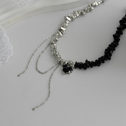 Black Acrylic and Crystal Silvertone Heart Tassel Patchwork Collar Necklace, vintage-inspired design, side view