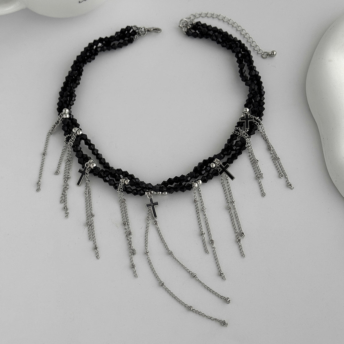 Black Acrylic and Enamel Silvertone Cross Tassel Layered Collar Necklace, vintage-inspired design, detail close-up