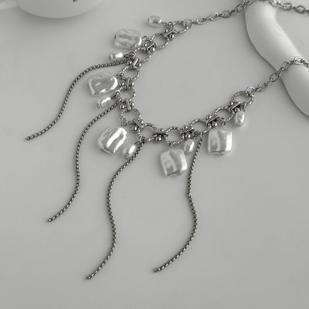 Baroque Pearl and Silvertone Circle Link Tassel Collar Necklace, botanical inspired, side view