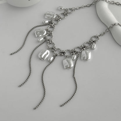 Baroque Pearl and Silvertone Circle Link Tassel Collar Necklace, botanical inspired, side view