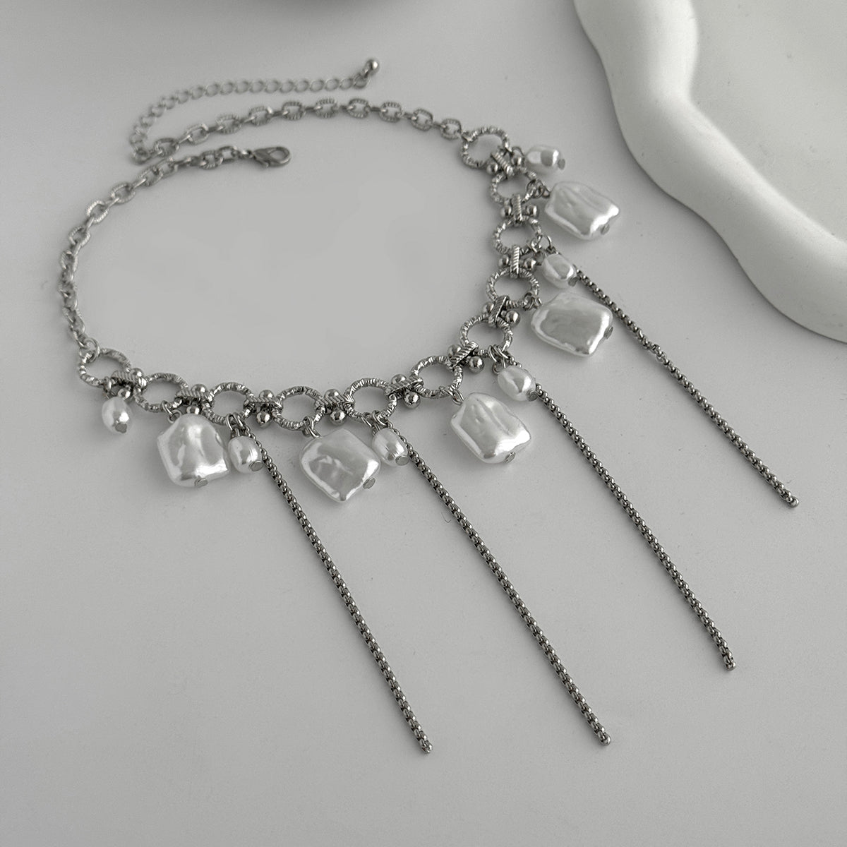 Baroque Pearl and Silvertone Circle Link Tassel Collar Necklace, botanical inspired, detail close-up