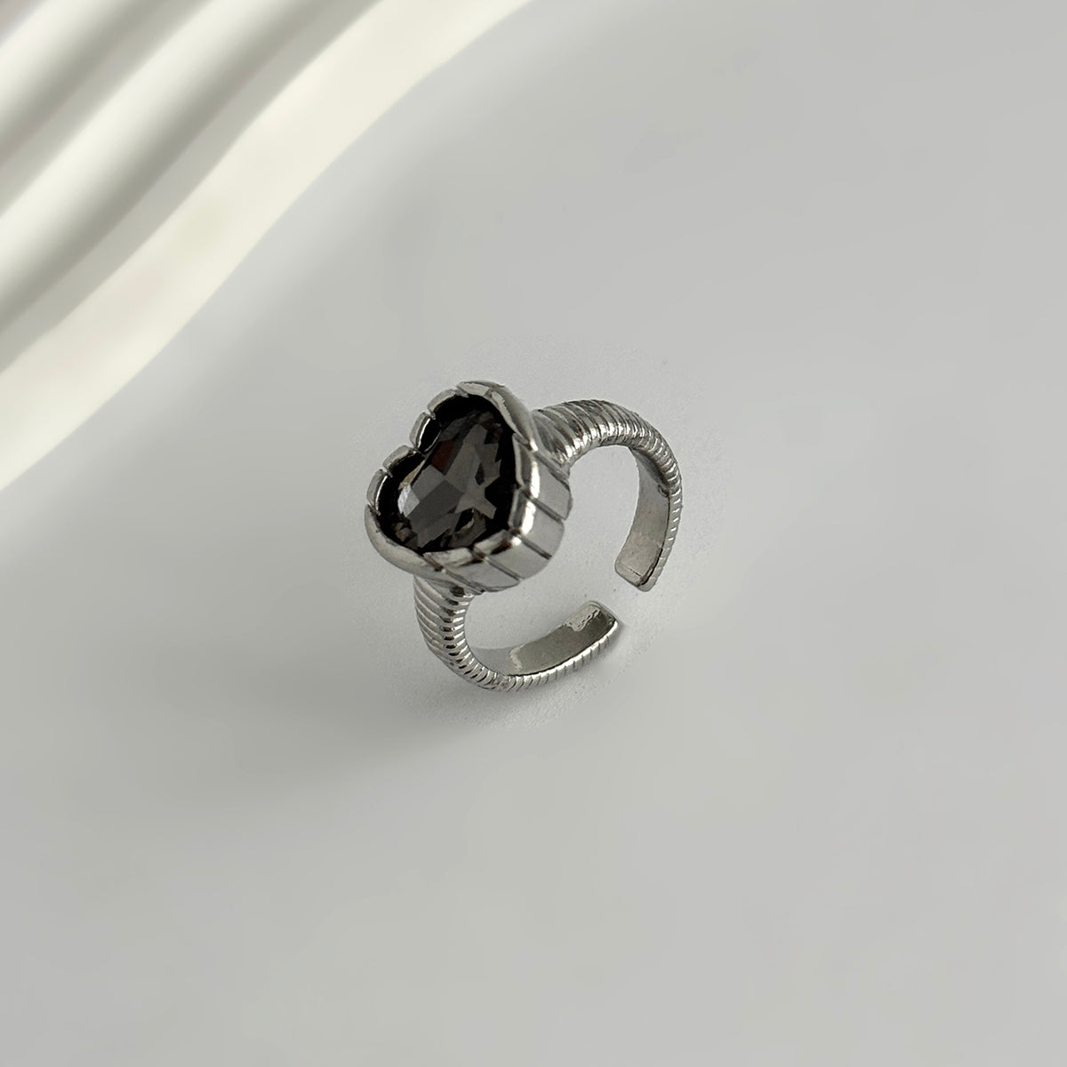 Black Crystal and Silvertone Heart Open Ring, elegant gift for her, side view