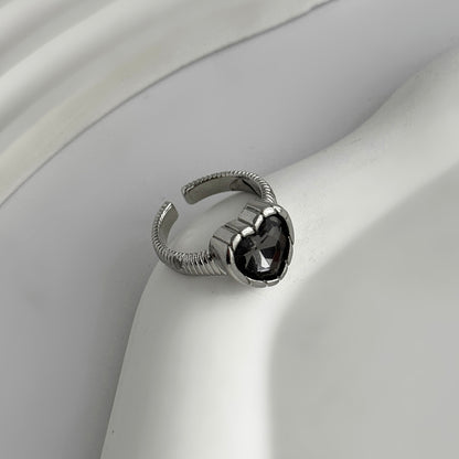 Black Crystal and Silvertone Heart Open Ring, elegant gift for her, detail close-up