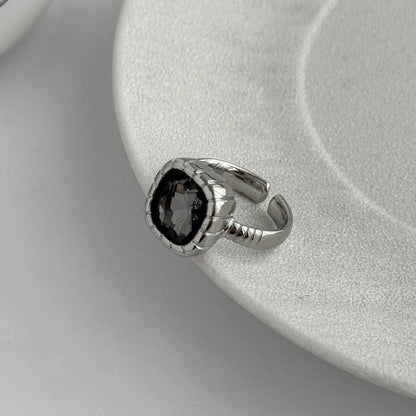 Black Crystal and Silvertone Square Open ring, everyday style, side view