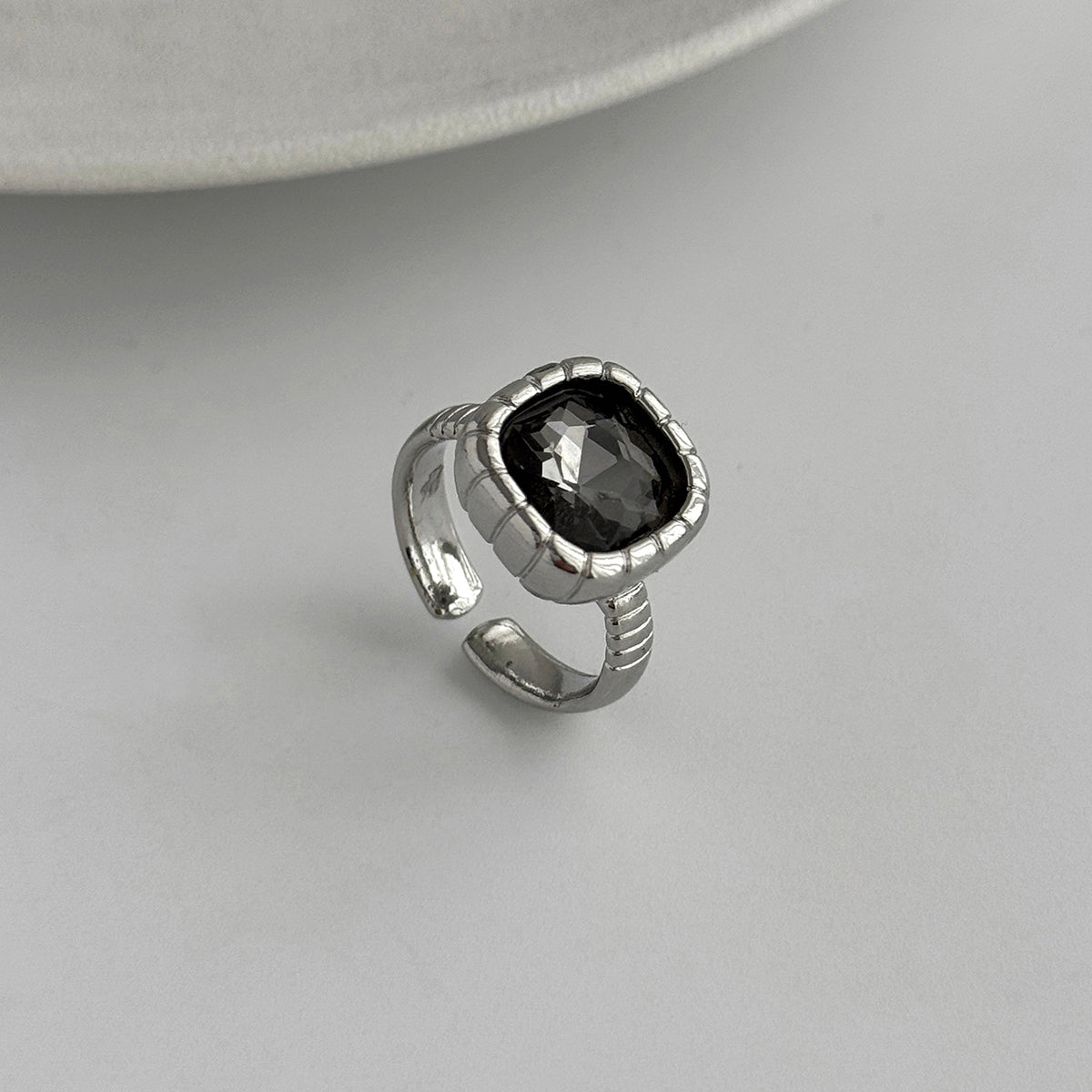 Black Crystal and Silvertone Square Open ring, everyday style, detail close-up