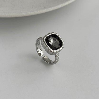 Black Crystal and Silvertone Square Open ring, everyday style, detail close-up