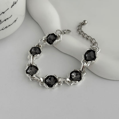 Gray Crystal and Silvertone Square Charm Station Bracelet, everyday style, side view