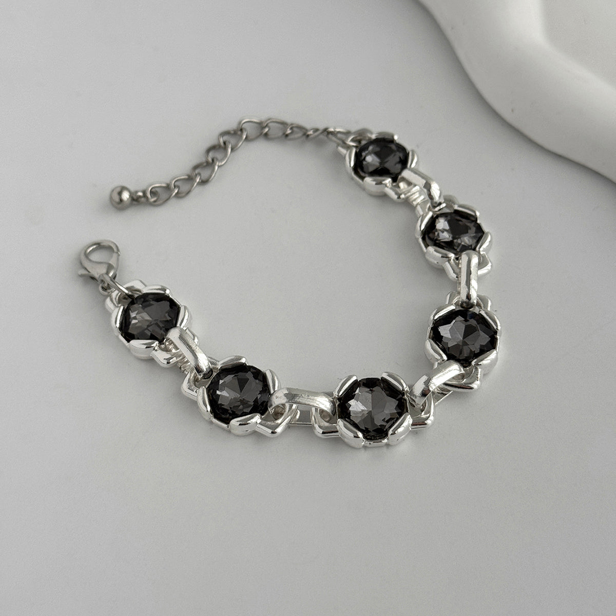 Gray Crystal and Silvertone Square Charm Station Bracelet, everyday style, detail close-up