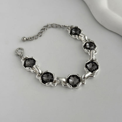 Gray Crystal and Silvertone Square Charm Station Bracelet, everyday style, detail close-up