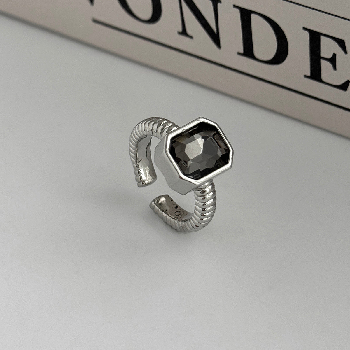 Black Crystal and Silvertone Rectangle Open Ring, vintage-inspired design, side view