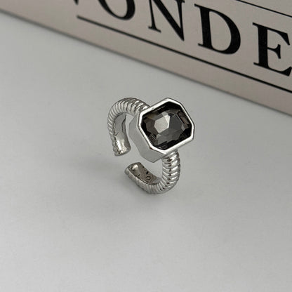 Black Crystal and Silvertone Rectangle Open Ring, vintage-inspired design, side view