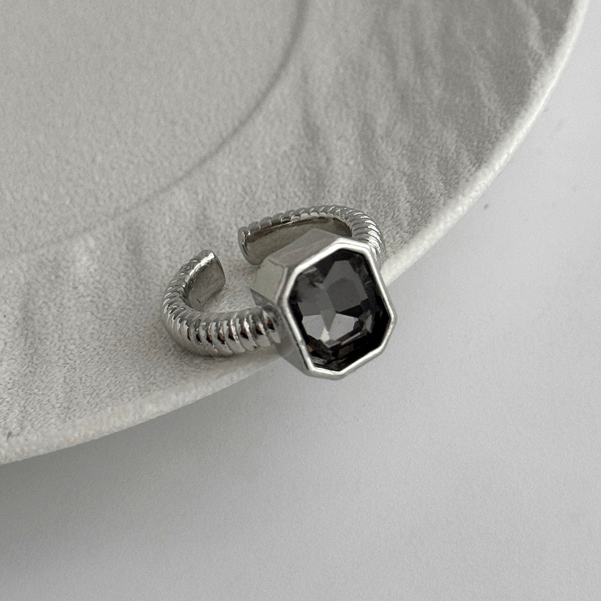 Black Crystal and Silvertone Rectangle Open Ring, vintage-inspired design, detail close-up