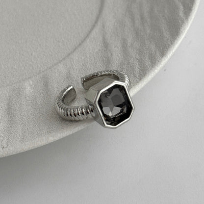 Black Crystal and Silvertone Rectangle Open Ring, vintage-inspired design, detail close-up