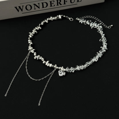 Clear Acrylic and Crystal Silvertone Heart Tassel Patchwork Collar Necklace, vintage-inspired design, side view