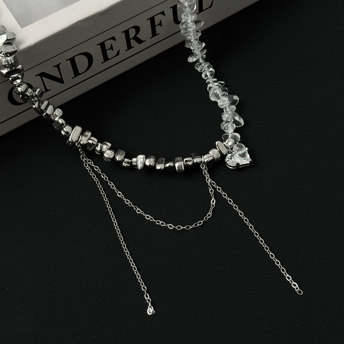 Clear Acrylic and Crystal Silvertone Heart Tassel Patchwork Collar Necklace, vintage-inspired design, detail close-up