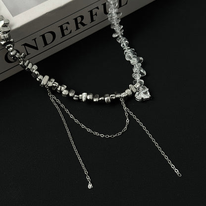 Clear Acrylic and Crystal Silvertone Heart Tassel Patchwork Collar Necklace, vintage-inspired design, detail close-up