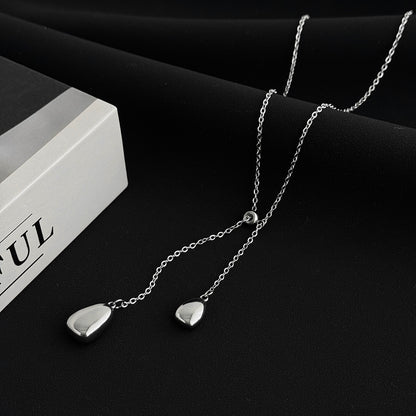Silvertone Dual-Drop Lariat Necklace, dainty minimalist design, side view
