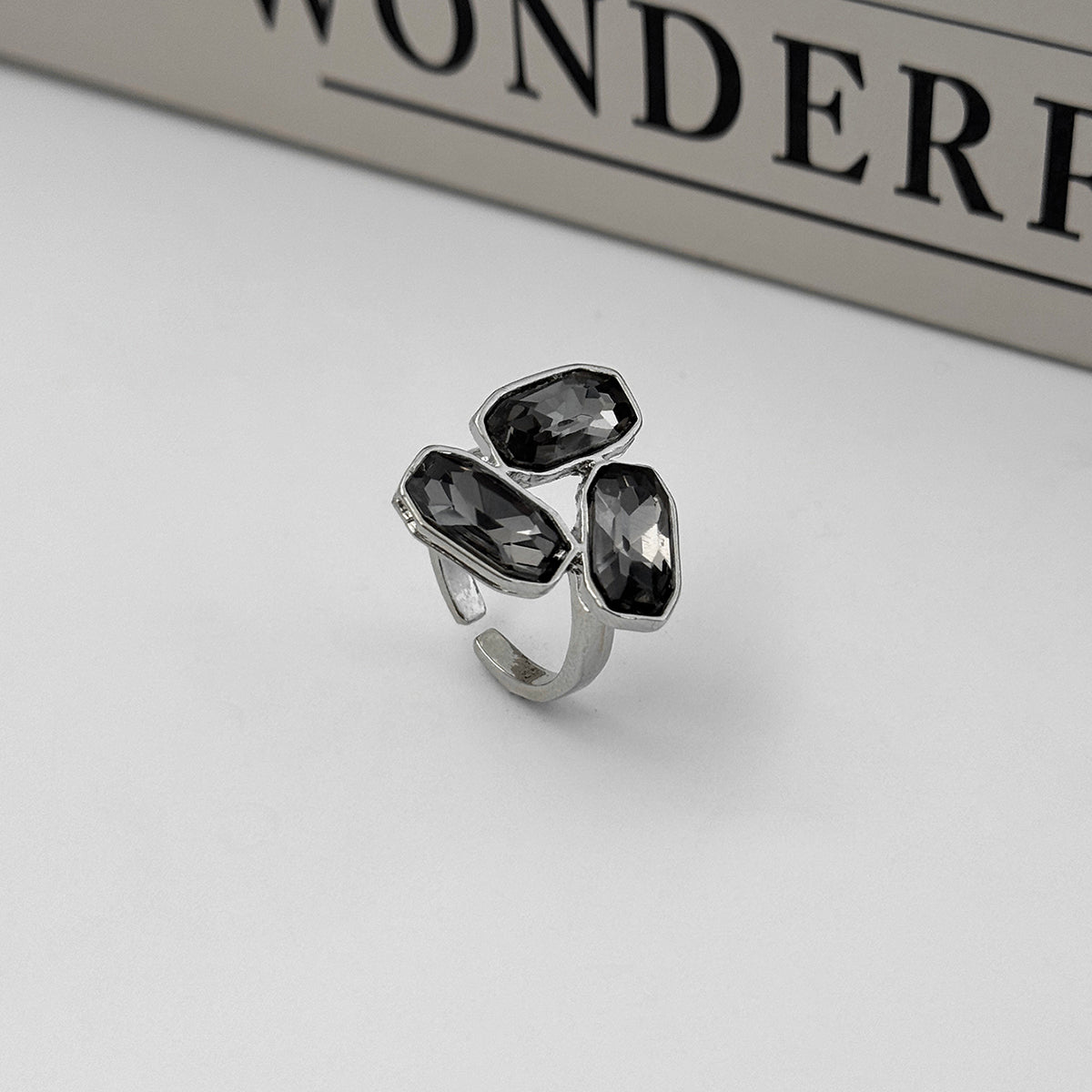 Gray Crystal and Silvertone Tri-Rectangle Open Ring, botanical inspired, side view