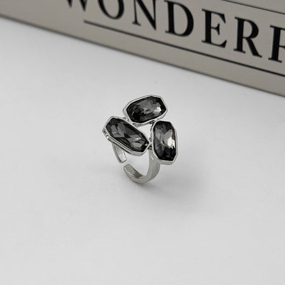 Gray Crystal and Silvertone Tri-Rectangle Open Ring, botanical inspired, side view