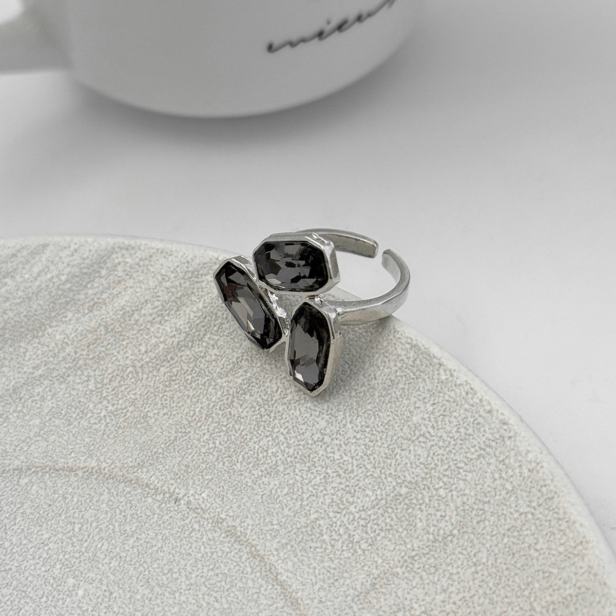 Gray Crystal and Silvertone Tri-Rectangle Open Ring, botanical inspired, detail close-up