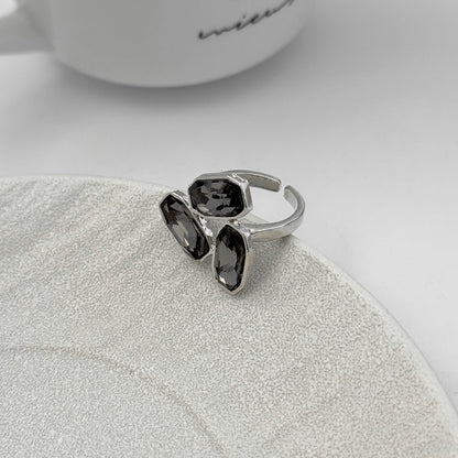 Gray Crystal and Silvertone Tri-Rectangle Open Ring, botanical inspired, detail close-up