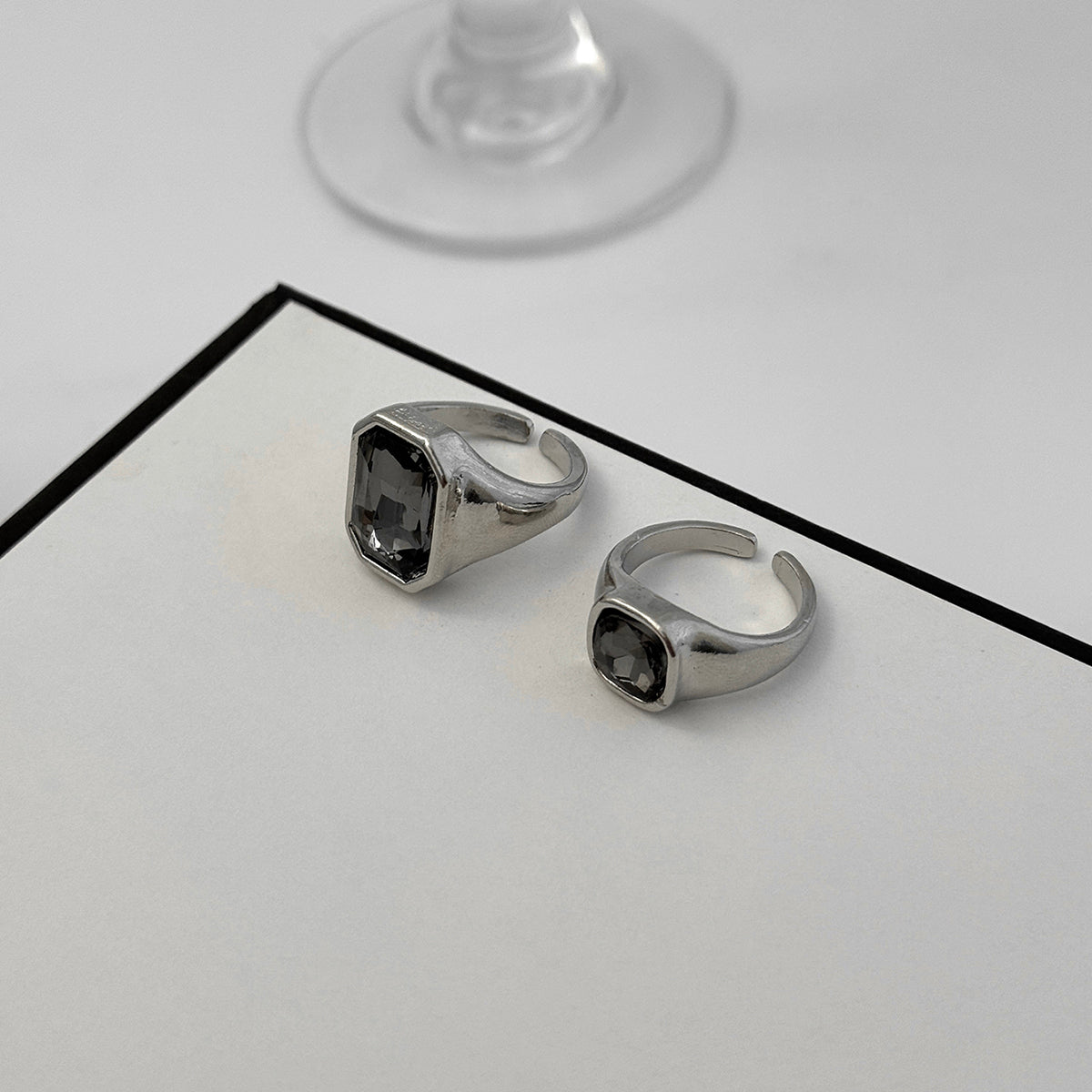 Black Crystal and Silvertone Rectangle and Square Open Band Ring Set, botanical inspired, side view