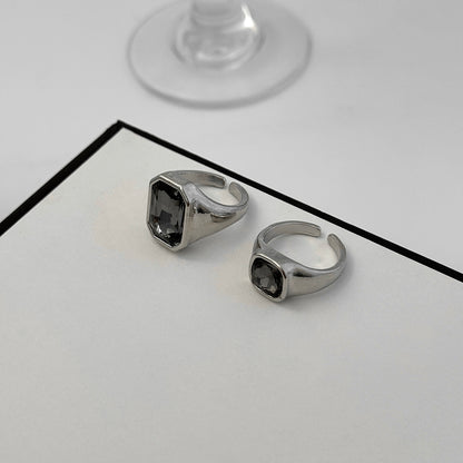 Black Crystal and Silvertone Rectangle and Square Open Band Ring Set, botanical inspired, side view