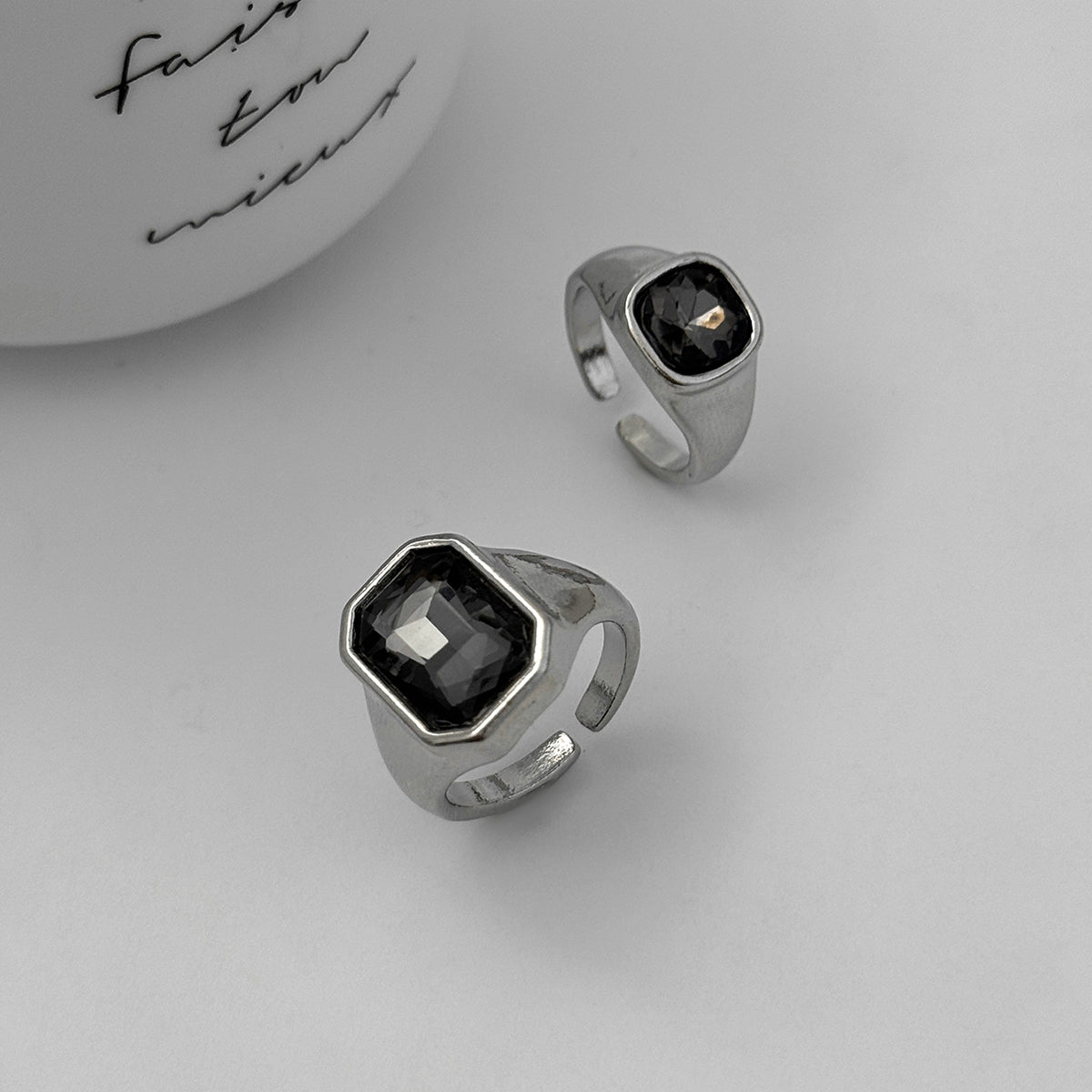 Black Crystal and Silvertone Rectangle and Square Open Band Ring Set, botanical inspired, detail close-up