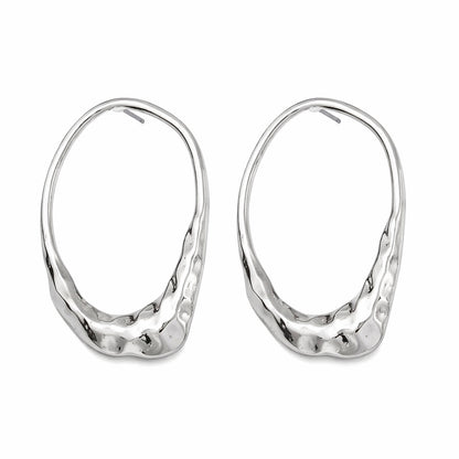 Silvertone Hammered Open Oval Statement Stud Earrings
