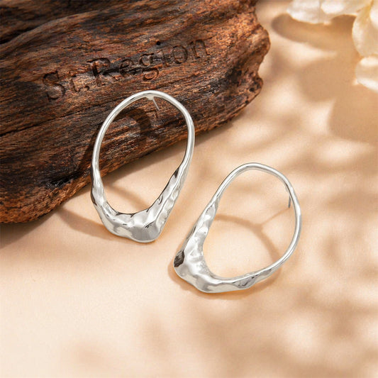 Silvertone Hammered Open Oval Statement Stud Earrings