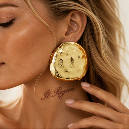 Goldtone Hammered Round Statement Earrings