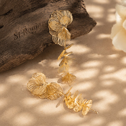 Goldtone Open Textured Flower Cluster Dangle Earrings