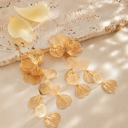 Goldtone Open Textured Flower Cluster Dangle Earrings