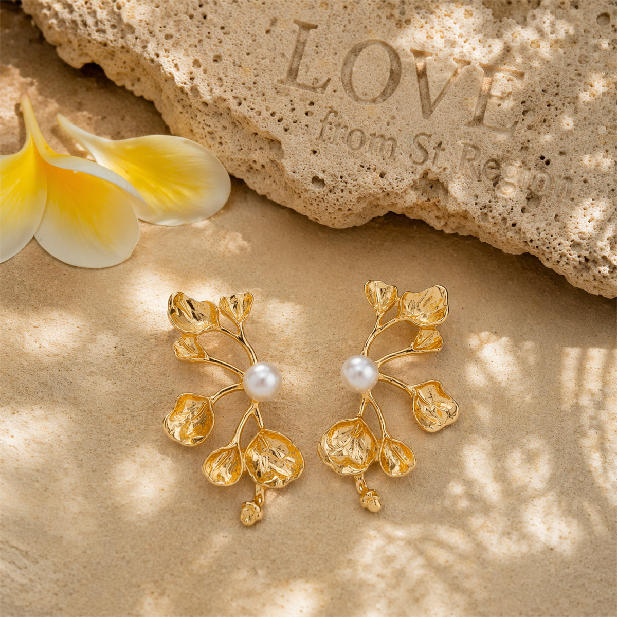 Pearl & Goldtone Plum Blossom Stud Earrings