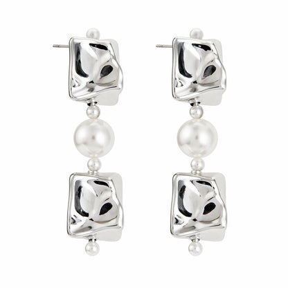 Pearl & Silvertone Ice Cube Dangle Earrings