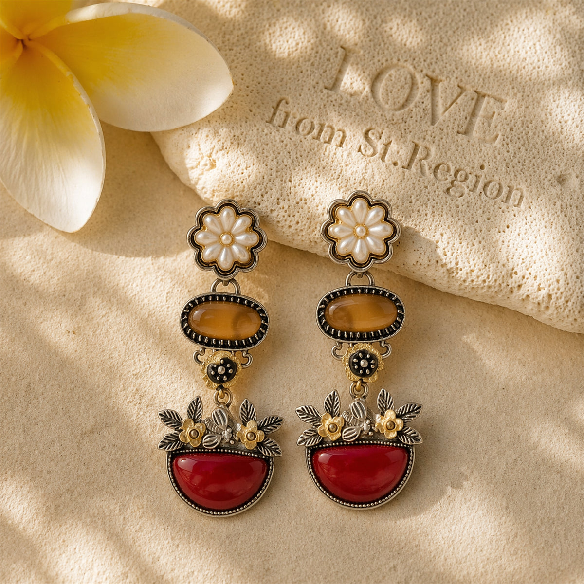 Multi-Colored Resin & Enamel Two Tone Oval Flower Cluster Dangle Earrings
