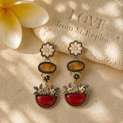 Multi-Colored Resin & Enamel Two Tone Oval Flower Cluster Dangle Earrings