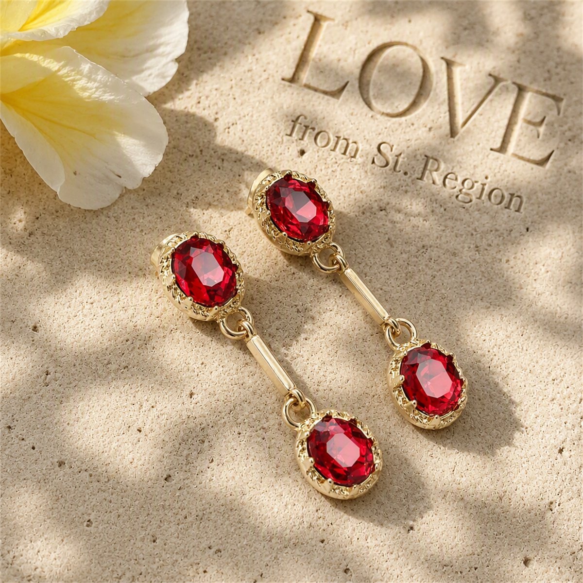 Red Crystal and 18K Gold-Plated Stacked Oval Drop Earrings, gold drop earrings for women, lifestyle look