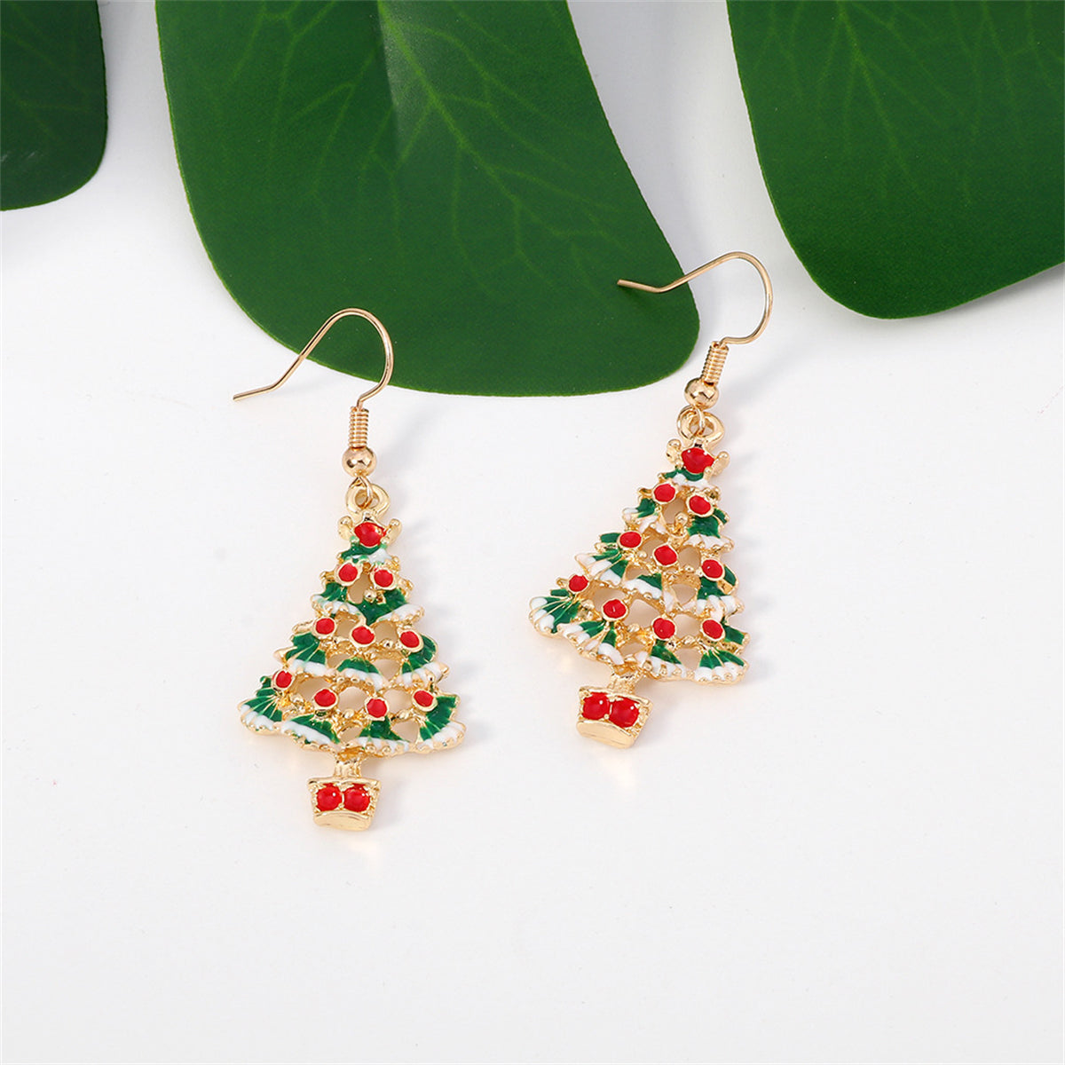 White and Red Enamel 18K Gold-Plated Christmas Tree Drop Earrings, gold drop earrings for women, front view