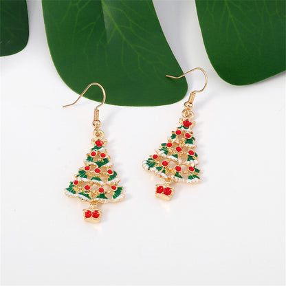 White and Red Enamel 18K Gold-Plated Christmas Tree Drop Earrings, gold drop earrings for women, front view