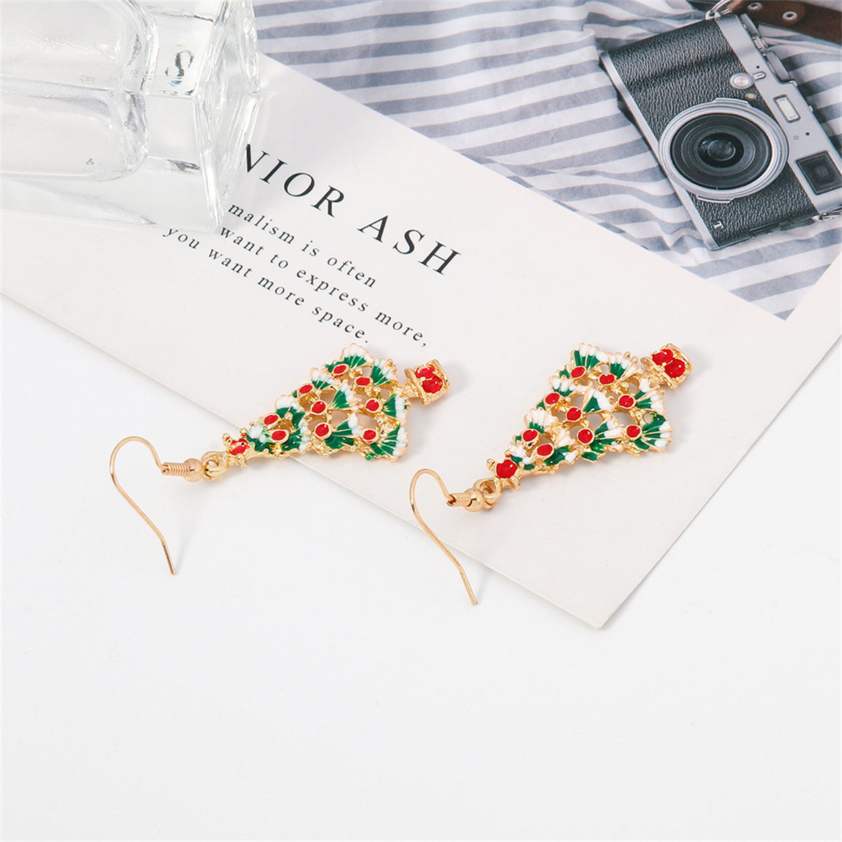 White and Red Enamel 18K Gold-Plated Christmas Tree Drop Earrings, gold drop earrings for women, side view