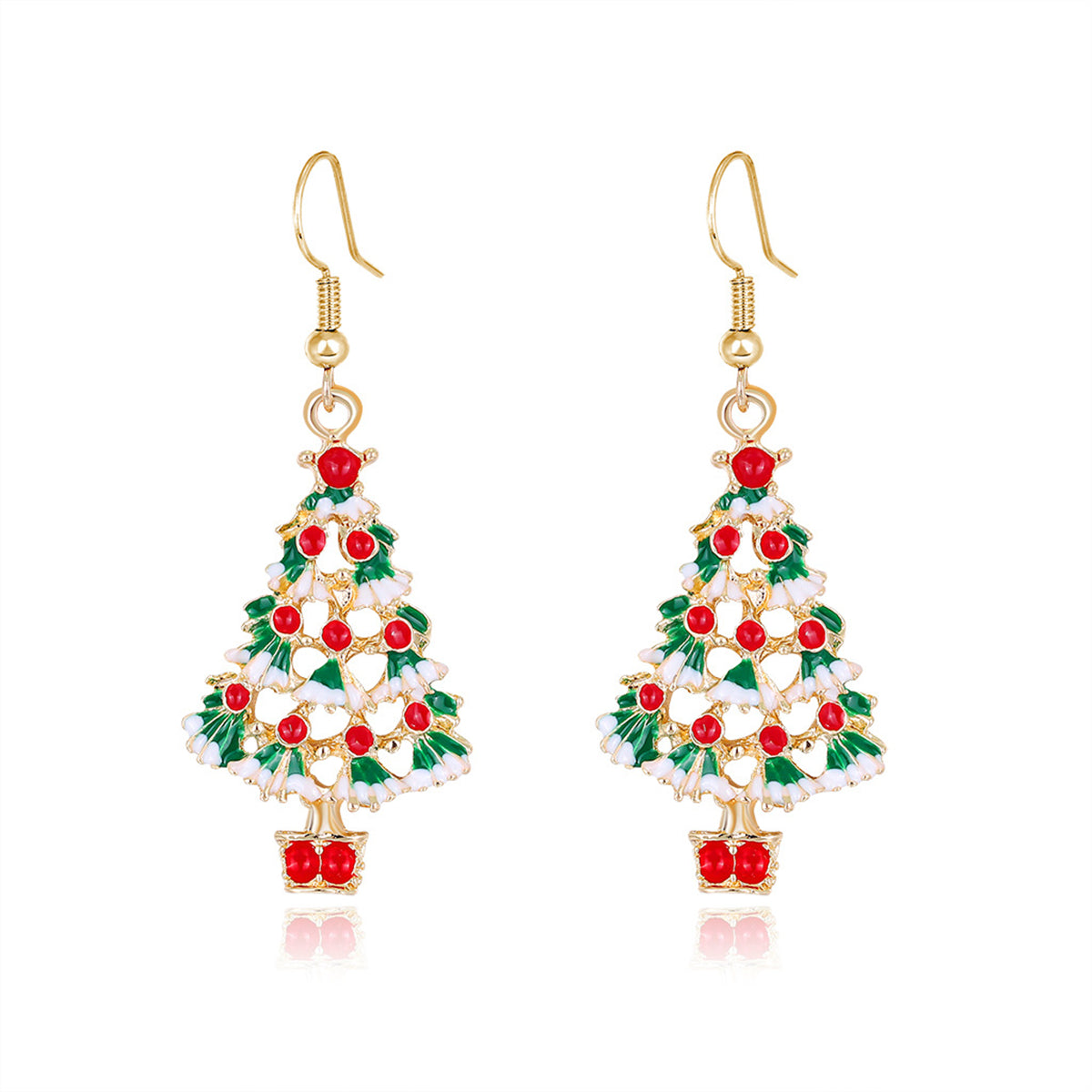 White & Red Enamel 18K Gold-Plated Christmas Tree Drop Earrings