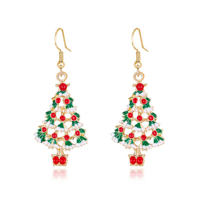White and Red Enamel 18K Gold-Plated Christmas Tree Drop Earrings, gold drop earrings for women, detail close-up